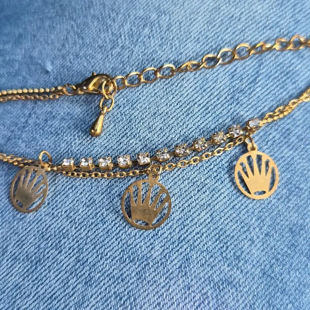 Gold Charm Layered Rhinestone Bracelet Five‎ Point Crown Charms Rolex Style